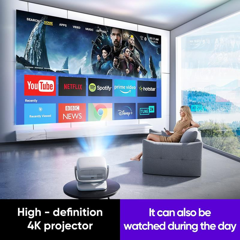 【 US Warehouse 】Happy Throw Portable Mini Android Projector, 4000ANSI Native 1080P Resolution, Auto Focus and Auto Trapezoidal Correction, 200-Inch Screen Wifi6 Bt5.4 Multi-Functional UHD Outdoor Entertainment Projector. Audio