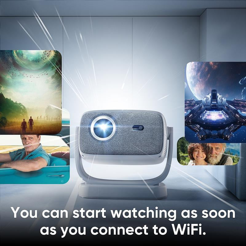 【 US Warehouse 】Happy Throw Portable Mini Android Projector, 4000ANSI Native 1080P Resolution, Auto Focus and Auto Trapezoidal Correction, 200-Inch Screen Wifi6 Bt5.4 Multi-Functional UHD Outdoor Entertainment Projector. Audio