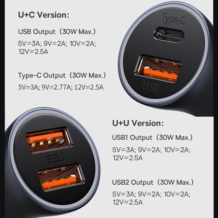 Car Charger 2 Port USB Type C Car Cigarette Socket Lighter Charger Fast Charging for Iphone Xiaomi Samsung Power Adapter