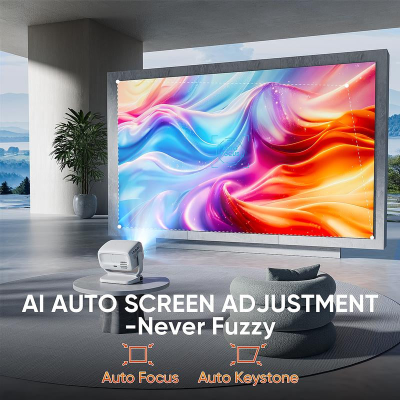 【 US Warehouse 】Happy Throw Portable Mini Android Projector, 4000ANSI Native 1080P Resolution, Auto Focus and Auto Trapezoidal Correction, 200-Inch Screen Wifi6 Bt5.4 Multi-Functional UHD Outdoor Entertainment Projector. Audio