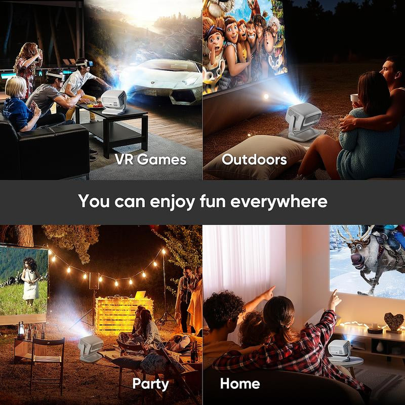 【 US Warehouse 】Happy Throw Portable Mini Android Projector, 4000ANSI Native 1080P Resolution, Auto Focus and Auto Trapezoidal Correction, 200-Inch Screen Wifi6 Bt5.4 Multi-Functional UHD Outdoor Entertainment Projector. Audio
