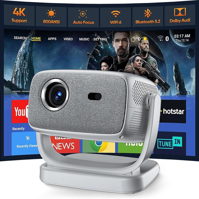 【 US Warehouse 】Happy Throw Portable Mini Android Projector, 4000ANSI Native 1080P Resolution, Auto Focus and Auto Trapezoidal Correction, 200-Inch Screen Wifi6 Bt5.4 Multi-Functional UHD Outdoor Entertainment Projector. Audio
